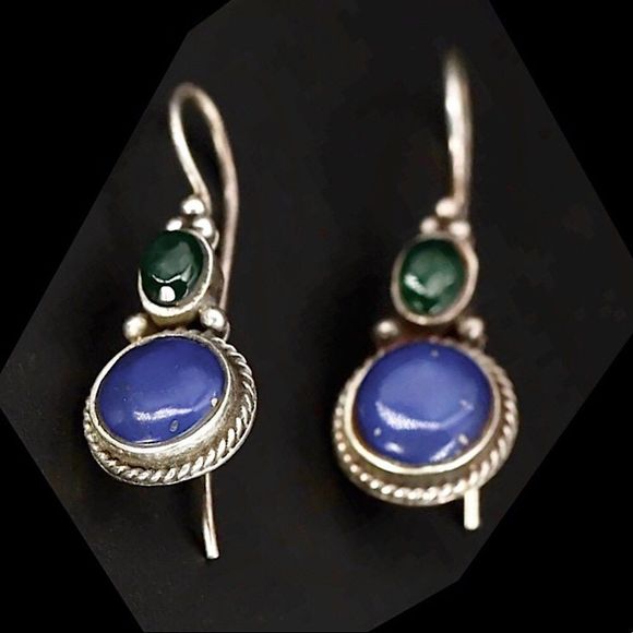 Vintage Green Agate Blue Lapis Lazuli Sterling Silver Drop Dangle Earrings - Picture 2 of 6